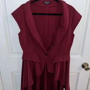 Deep Burgundy High Low Dress with Cap Sleeves and Notched Collar for Cocktail